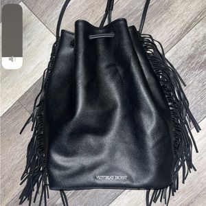 Victoria’s Secret Fringe Drawstring Backpack Faux Leather Black Purse Bag EUC